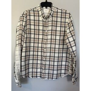 Billy Reid Flannel Button Up Shirt Mens Sz Large Beige Tartan Plaid Italy